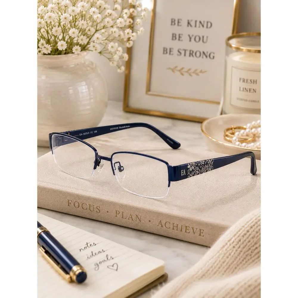 Elizabeth Arden Semi Rimless Rectangle Eyeglasses Blue Floral 51□17 Office EUC